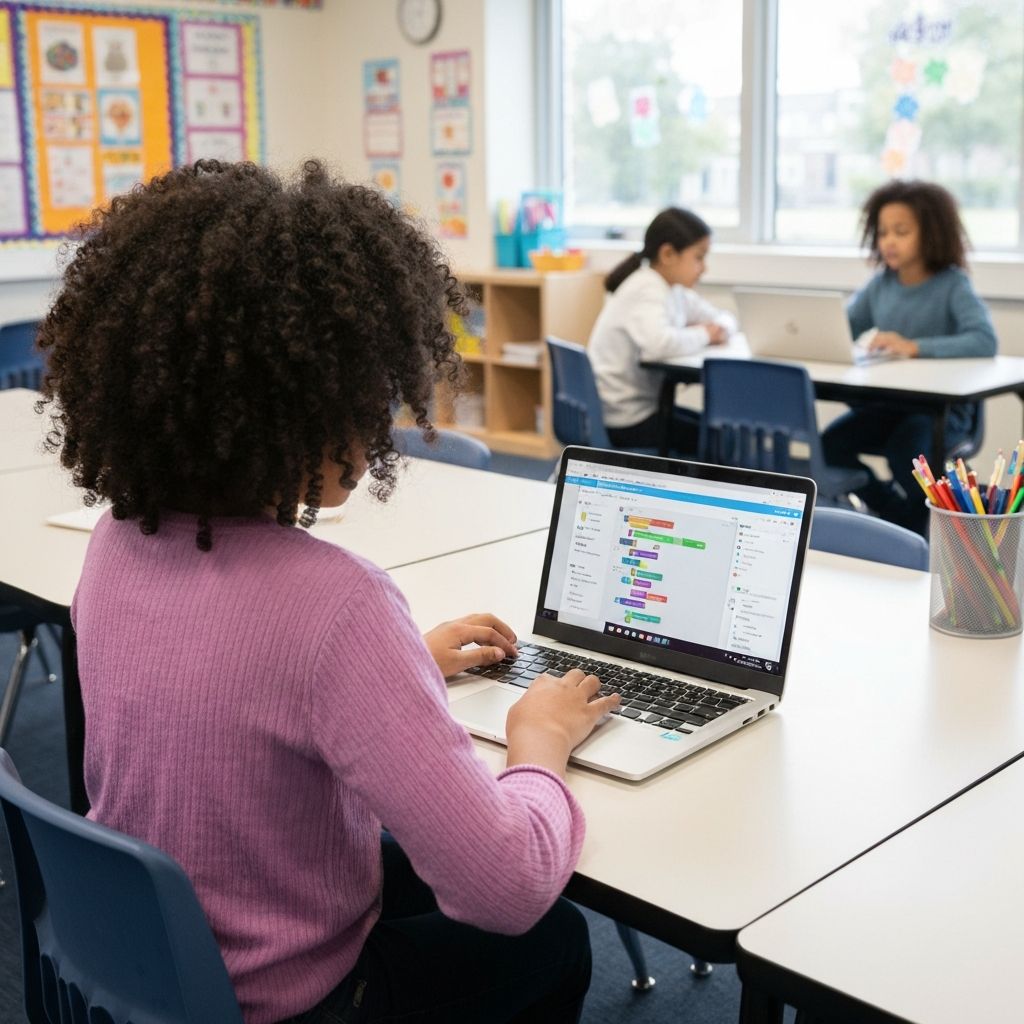 Child learning coding on laptop